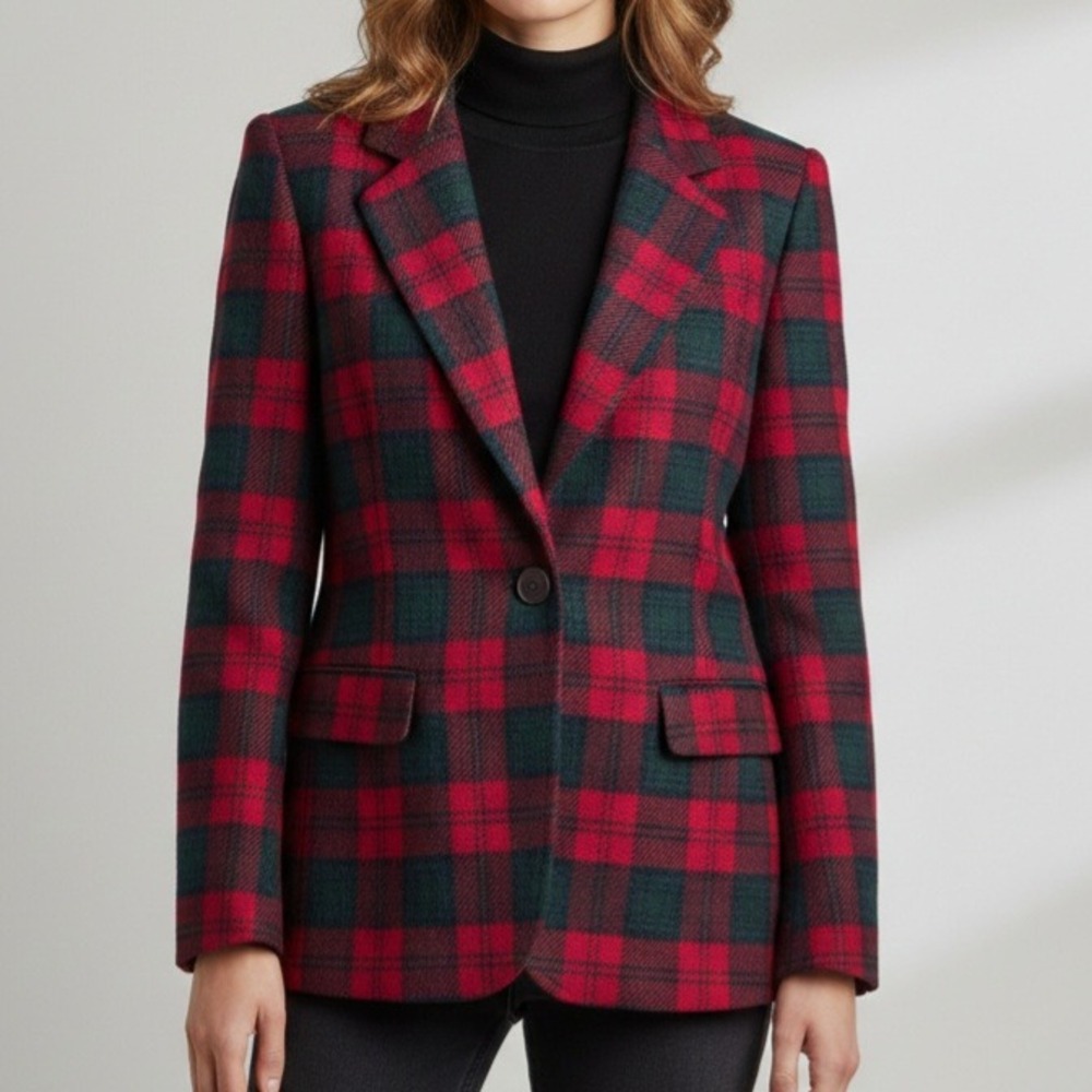 Pendleton Petite Blazer‎ Jacket 100% Virgin Wool Red Green Plaid Tartan Women's